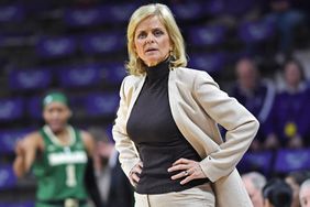 Head coach Kim Mulkey of the Baylor Bears reacts after a foul call against the Bears during the first half against the Kansas State Wildcats on February 13, 2019 at Bramlage Coliseum in Manhattan, Kansas.