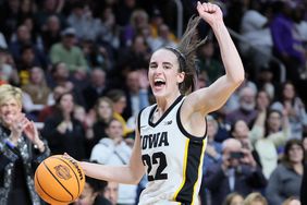 Caitlin Clark #22 of the Iowa Hawkeyes celebrates after the win against the LSU Tigers during the finals of the NCAA Women's Basketball Tournament - Albany Regional at MVP Arena on April 01, 2024 in Albany, New York. 