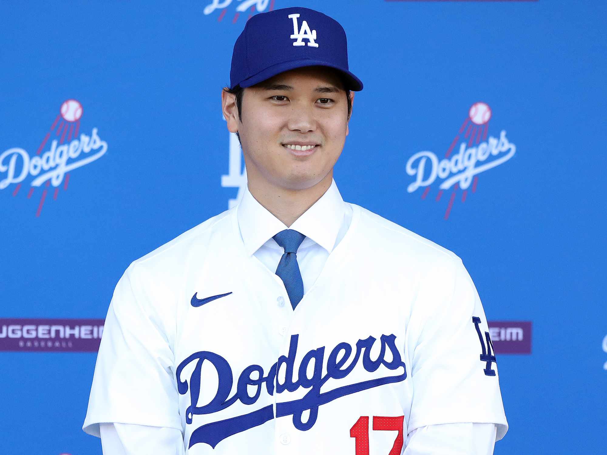 Shohei Ohtani is introduced by the Los Angeles Dodgers at Dodger Stadium on December 14, 2023.