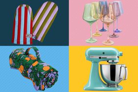 A collage of wedding registry items we recommend on a colorful background