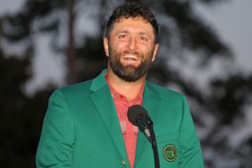 Jon Rahm of Spain speaks during the Green Jacket Ceremony after winning the 2023 Masters Tournament at Augusta National Golf Club on April 09, 2023 in Augusta, Georgia.