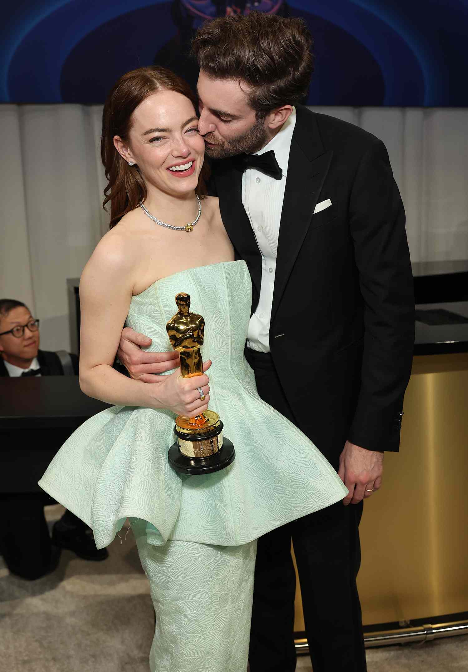 Emma Stone, winner of the Best Actress in a Leading Role award for 'Poor Things,' and Dave McCary attend the Governors Ball during the 96th Annual Academy Awards