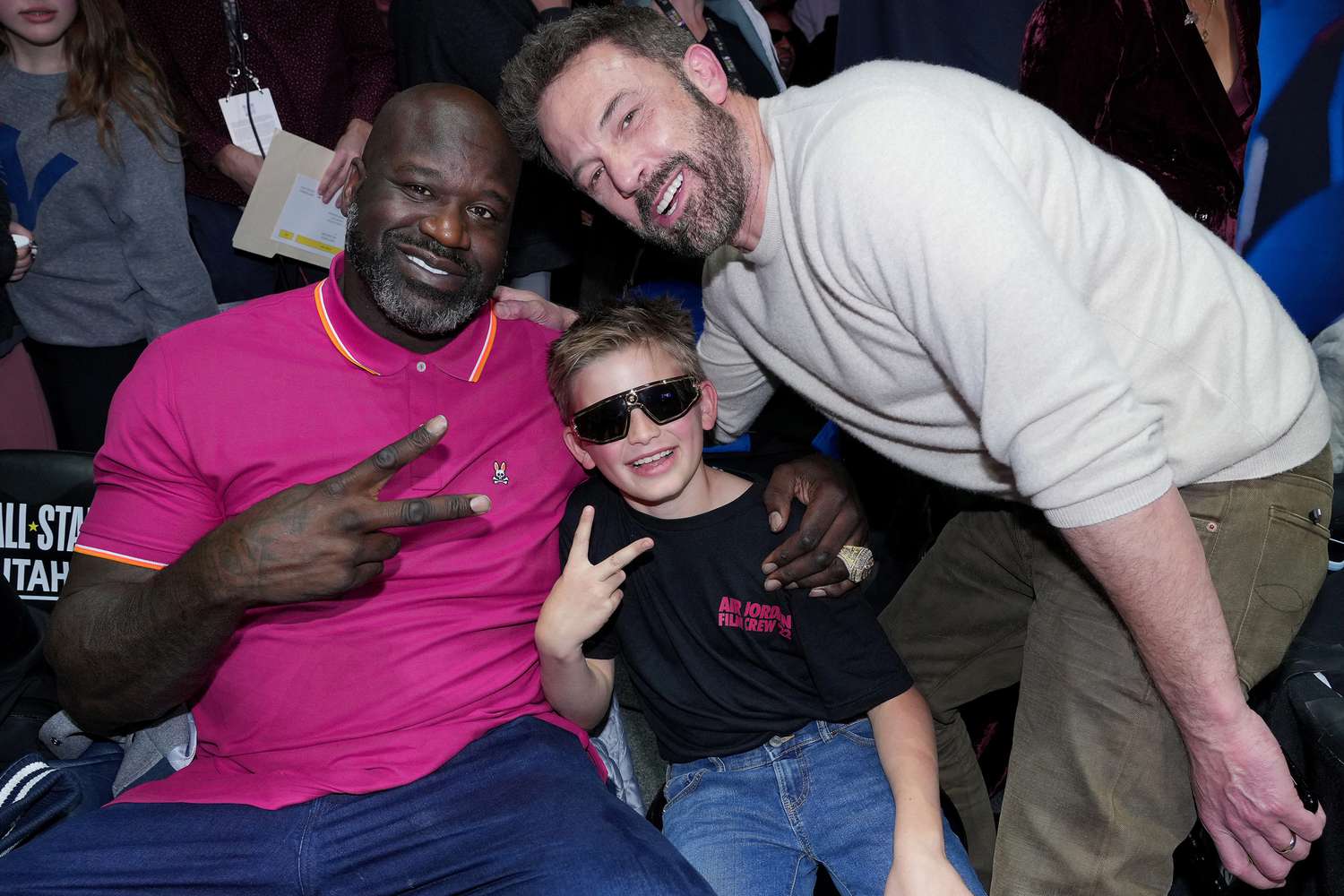 Shaquille O'Neal, Samuel Garner Affleck, and Ben Affleck attend the Ruffles Celebrity Game during the 2023 NBA All-Star Weekend at Vivint Arena on February 17, 2023 in Salt Lake City, Utah.