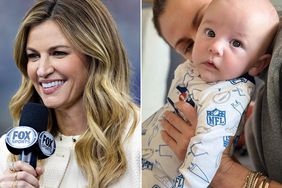 Erin Andrews on the field before a game between the Washington Commanders and the Dallas Cowboys. ; Erin Andrews and her son Mack. 