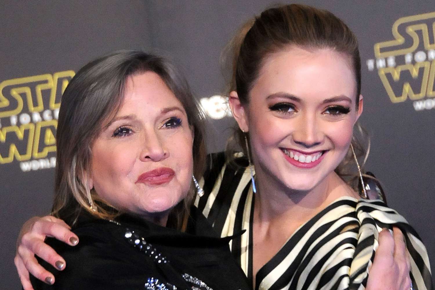 Actress Carrie Fisher and daughter actress Billie Lourd attend the Premiere of Walt Disney Pictures and Lucasfilm's 'Star Wars: The Force Awakens' on December 14, 2015