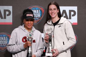  AP Coach of the Year Dawn Staley of the South Carolina Gamecocks and AP Player of the Year Caitlin Clark #22 of the Iowa Hawkeyes pose during the award press conference ahead of the 2024 NCAA Women's Basketball Tournament Final Four at Rocket Mortgage Fieldhouse on April 04, 2024 in Cleveland, Ohio