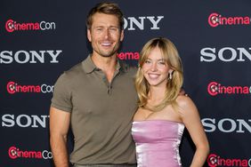 Glen Powell (L) and Sydney Sweeney promote the upcoming film "Anyone But You" at the Sony Pictures Entertainment presentation during CinemaCon, the official convention of the National Association of Theatre Owners, at The Colosseum at Caesars Palace on April 24, 2023 in Las Vegas, Nevada