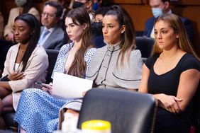 US gymnasts (L-R) Simone Biles, McKayla Maroney, Aly Raisman and Maggie Nichols arrive to testify during a Senate Judiciary hearing about the Inspector General's report on the FBI handling of the Larry Nassar investigation of sexual abuse of Olympic gymnasts, on Capitol Hill, September 15, 2021, in Washington, DC.
