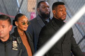 Actor Jonathan Majors departs with girlfriend Meagan Good from his sentencing hearing in the domestic abuse case at Manhattan Criminal Court on April 8, 2024