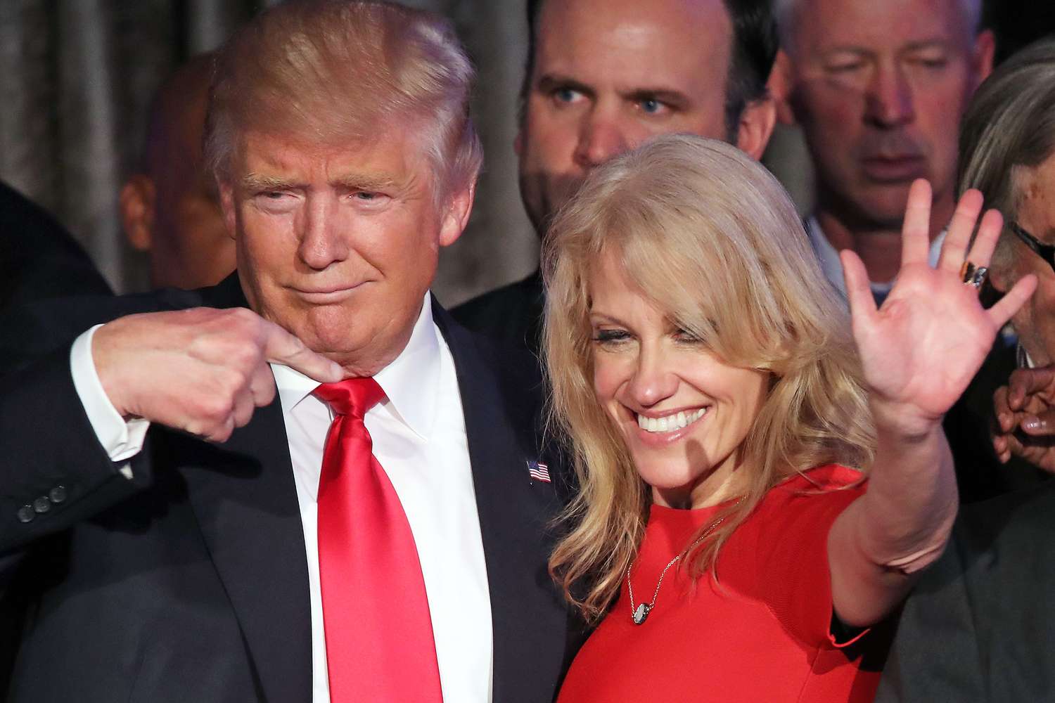 Republican president-elect Donald Trump along with his campaign manager Kellyanne Conway acknowledge the crowd during his election night event at the New York Hilton Midtown in the early morning hours of November 9, 2016 in New York City. Donald Trump defeated Democratic presidential nominee Hillary Clinton to become the 45th president of the United States.