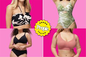Collage of Soma bras and swimsuits on models over different pink backgrounds with a People Test badge