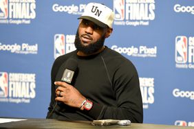 LeBron James #6 of the Los Angeles Lakers speaks to the media after Round 3 Game 4 of the Western Conference Finals 2023