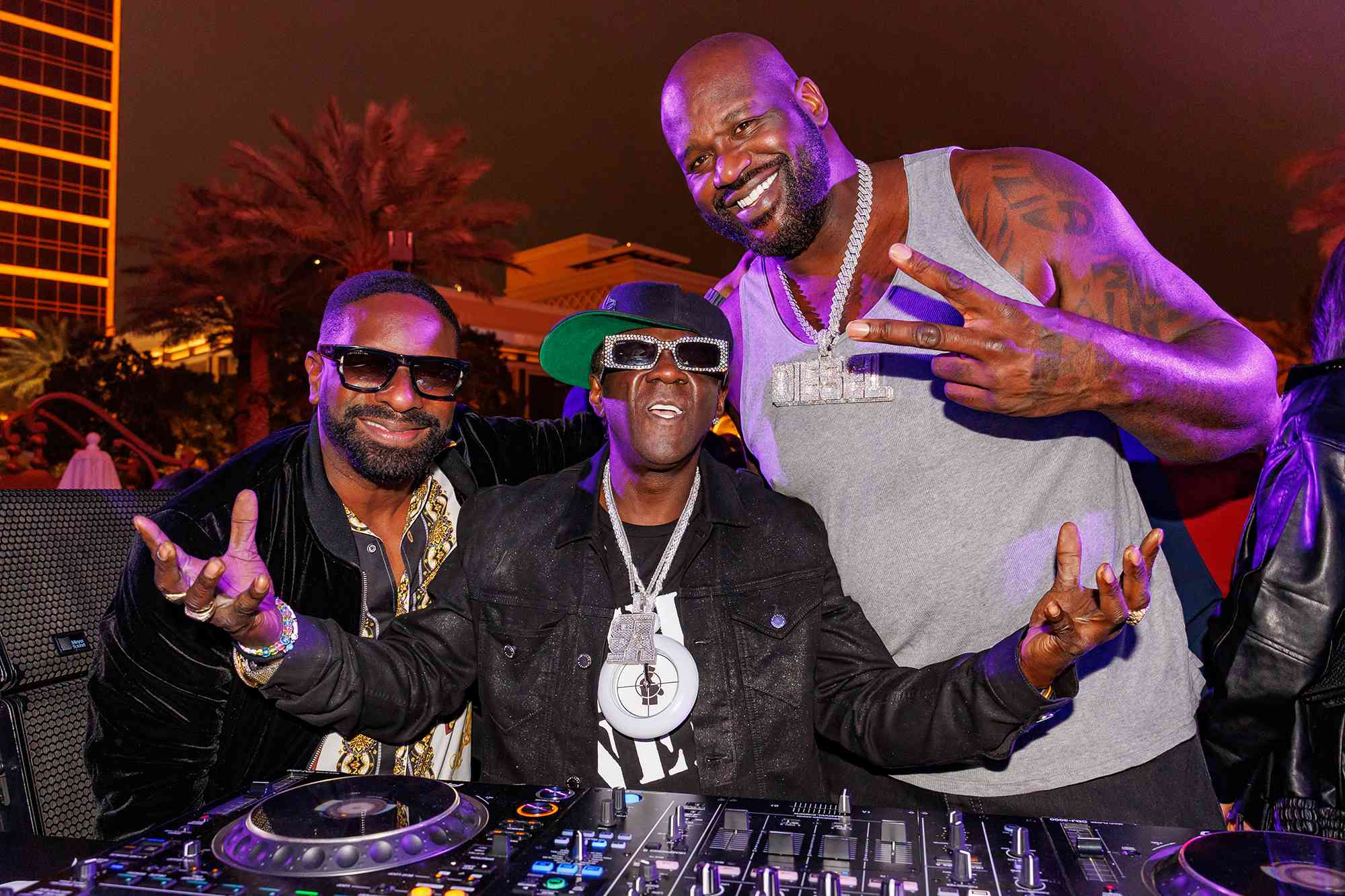 DJ Irie, Flavor Flav. and Shaquille O'Neal "DJ Diesel" at Shaq's Fun House 2024 held at XS at Wynn Las Vegas