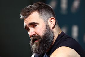 Jason Kelce #62 of the Philadelphia Eagles reacts after announcing his retirement from the NFL at NovaCare Complex on March 04, 2024 in Philadelphia, Pennsylvania. 