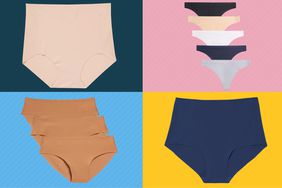 Collage of seamless underwear we recommend on a colorful background