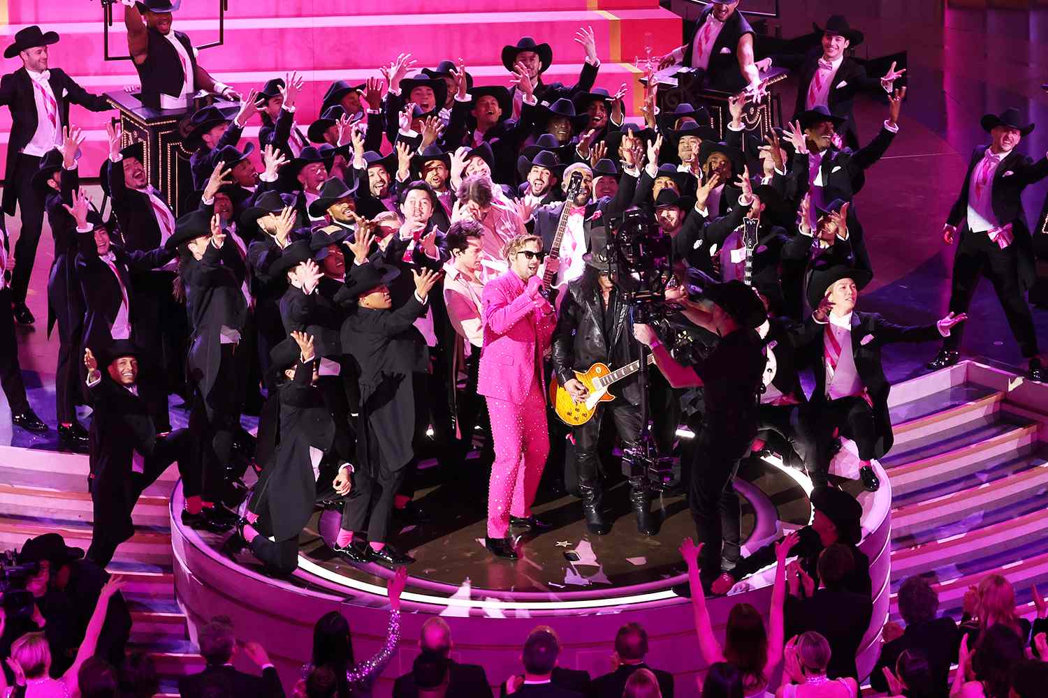 Scott Evans, Ryan Gosling, Kingsley Ben-Adir, Slash, Mark Ronson, Simu Liu and Ncuti Gatwa perform "I'm Just Ken" at the 96th Annual Oscars held at Dolby Theatre on March 10, 2024 in Los Angeles, California. 
