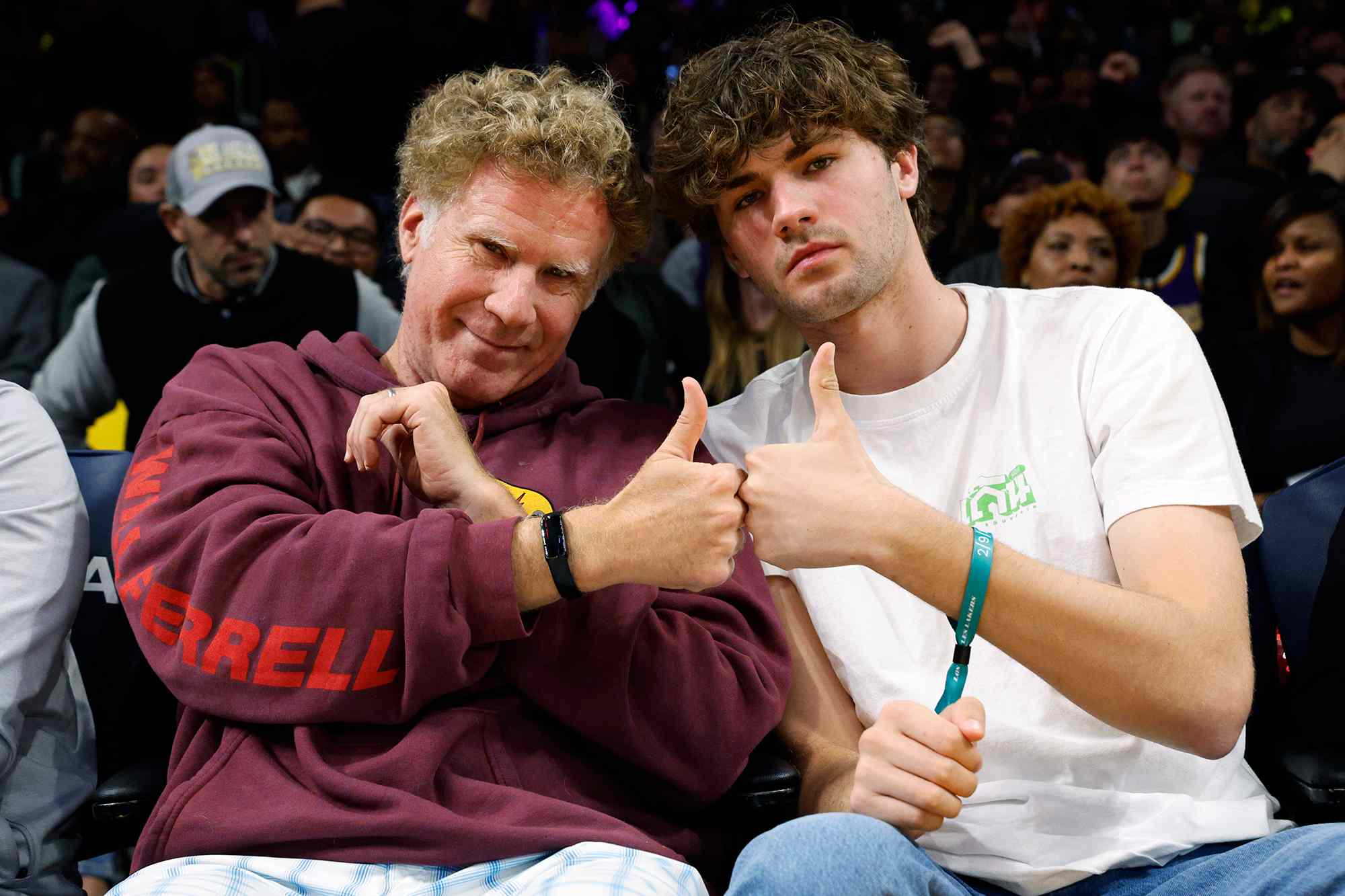 Will Ferrell and his son Mattias Ferrell attend the game between the Los Angeles Lakers and the New Orleans Pelicans at Crypto.com Arena