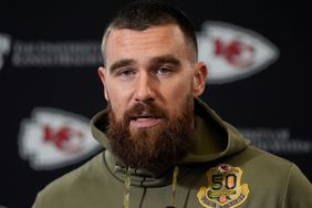 Kansas City Chiefs tight end Travis Kelce talks to the media before the team's NFL football practice Friday, Feb. 2, 2024 in Kansas City, Mo. The Chiefs will play the San Francisco 49ers in Super Bowl 58.