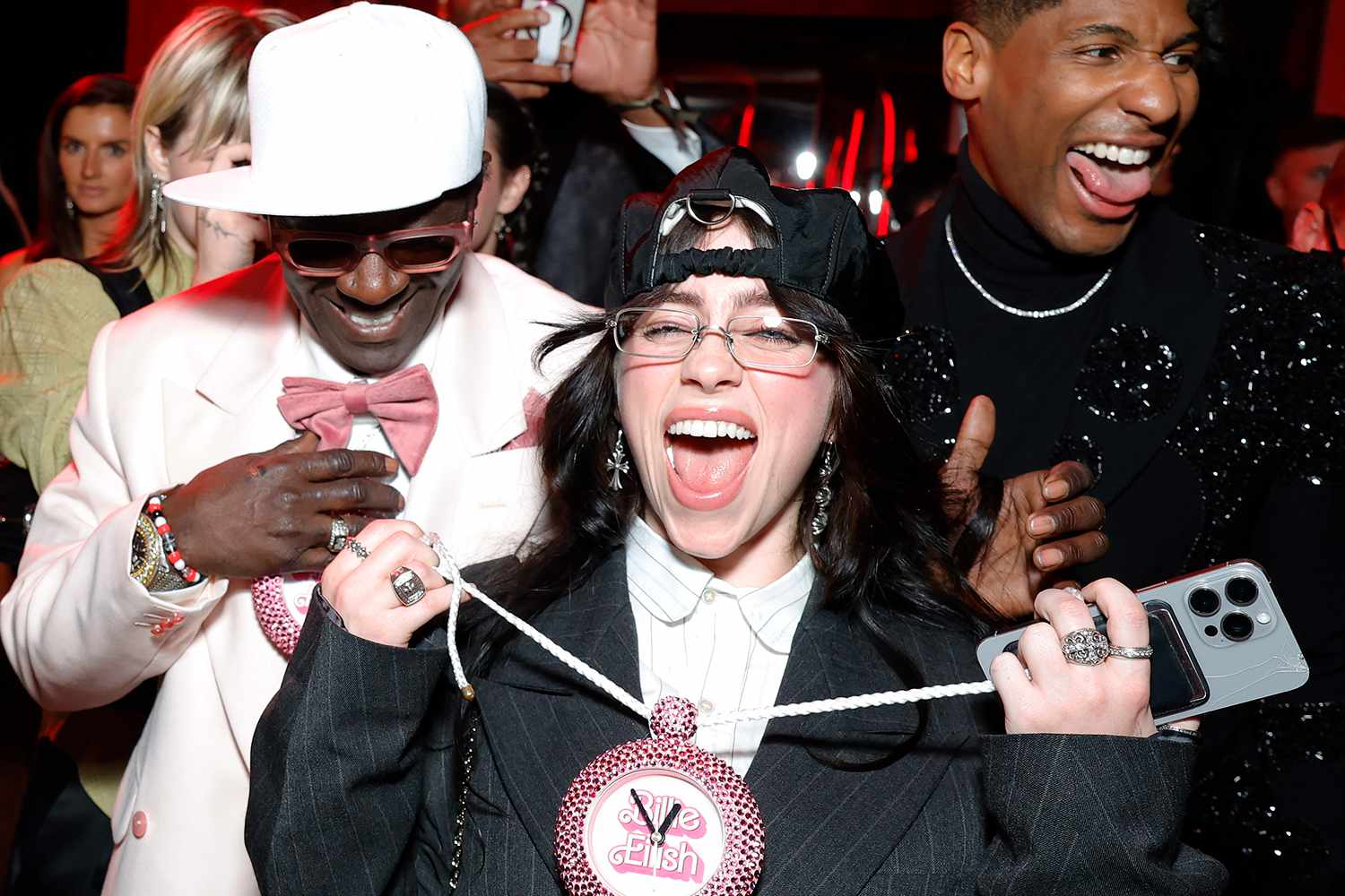 Flavor Flav, Billie Eilish, and Jon Batiste attend the 2024 Vanity Fair Oscar Party Hosted By Radhika Jones at Wallis Annenberg Center for the Performing Arts on March 10, 2024 in Beverly Hills, California. 