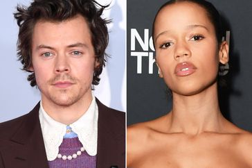 Harry Styles at the 2020 The BRIT Awards ; Taylor Russell at the after party for The National Theatre's production of "The Effect" in 2023