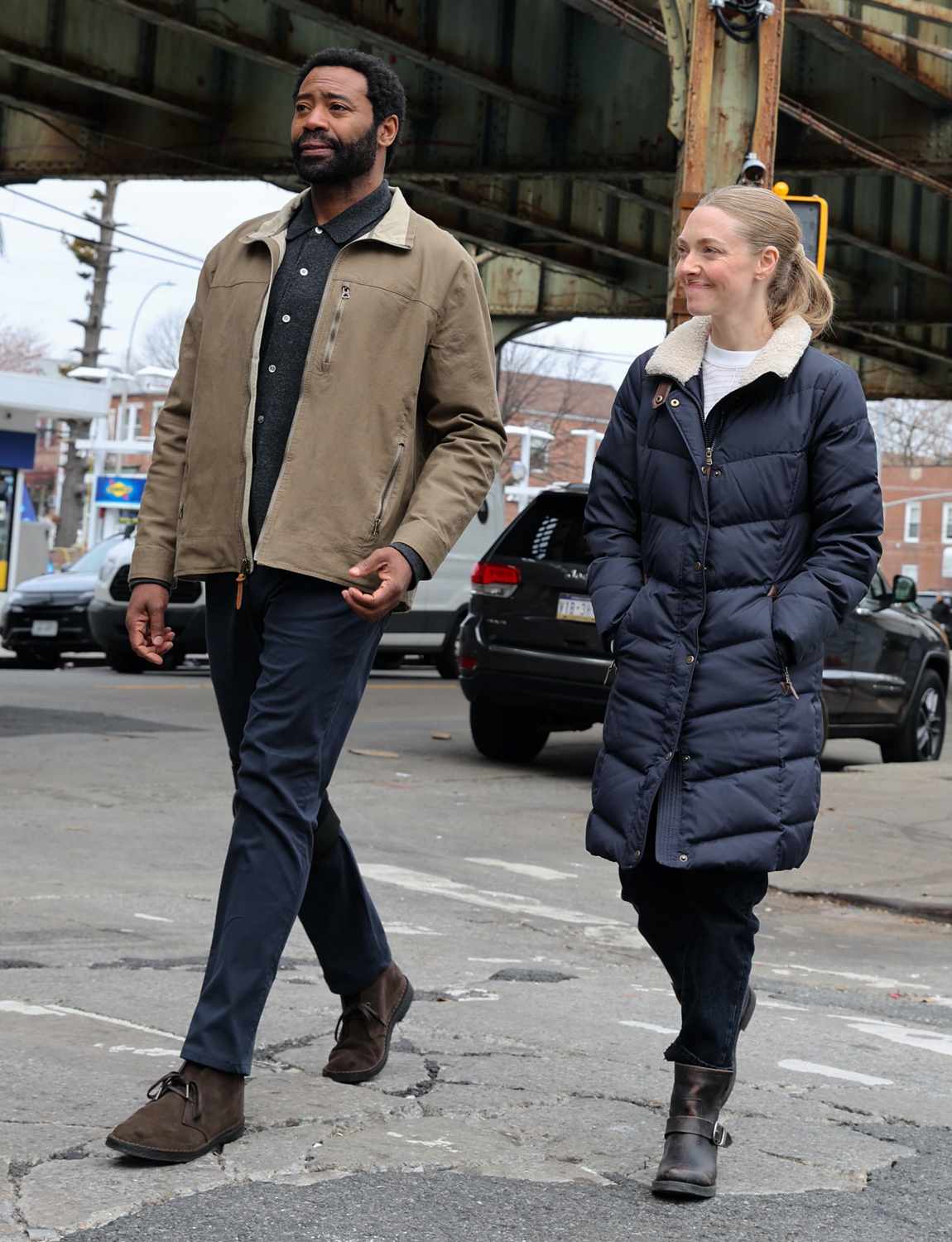 Nicholas Pinnock and Amanda Seyfried are seen on the set of "Long Bright River" series on March 26, 2024 in New York 