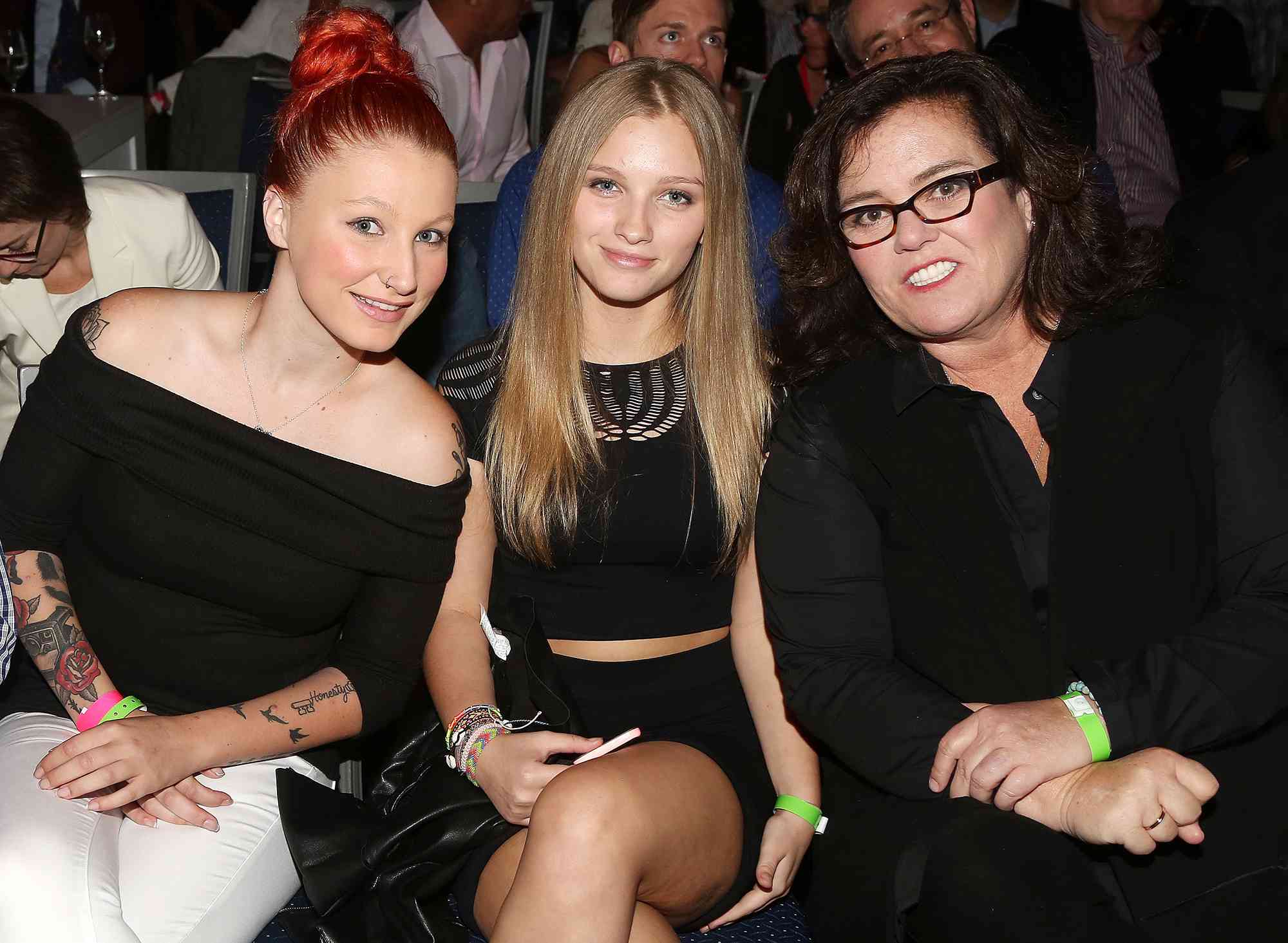 Chelsea Belle O'Donnell, Vivienne Rose O'Donnell and mother Rosie O'Donnell pose at the "2nd Annual Fran Drescher Cancer Schmancer Sunset Cabaret Cruise" on The SS Hornblower Infinity Crusie Ship on June 20, 2016 in New York City