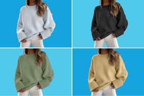 Collage of the Anrabess Fuzzy Crewneck Sweater in four different colors over a blue background