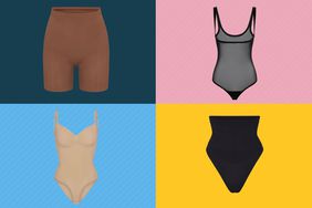 Collage of tummy control shapewear we recommend on a colorful background