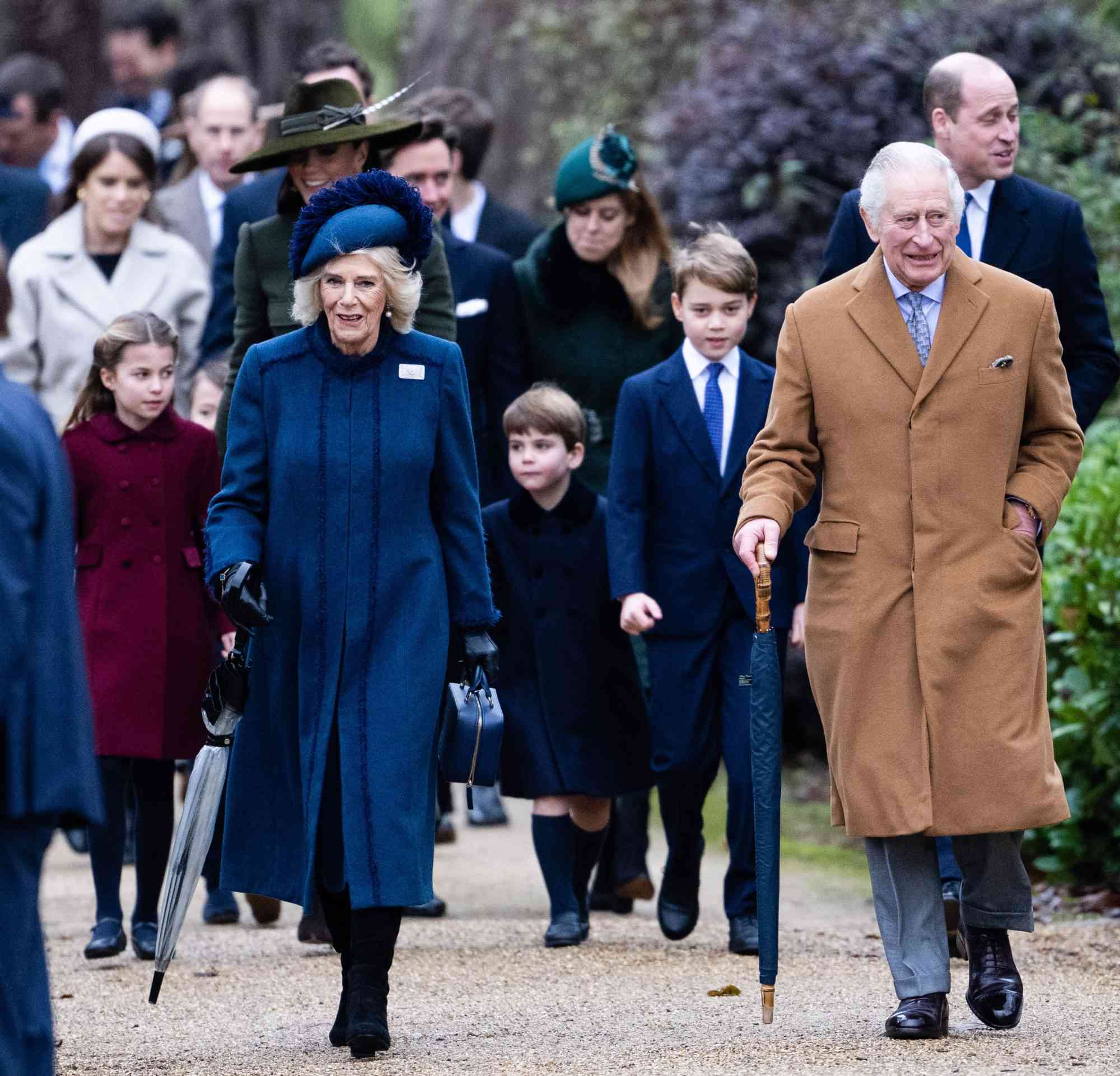 SANDRINGHAM, NORFOLK - DECEMBER 25: Princess Charlotte, Catherine, Princess of Wales, Camilla, Queen Consort, Prince Louis, Prince George and King Charles III attend the Christmas Day service at Sandringham Church on December 25, 2022 in Sandringham, Norfolk. King Charles III ascended to the throne on September 8, 2022, with his coronation set for May 6, 2023. (Photo by Samir Hussein/WireImage)