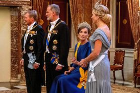 Queen Maxima and King Willem-Alexander with Queen Letizia and King Felipe at passade before the state banquet at the Dam palace and on the 1st day of the 2 days state visit to the Netherlands Netherlands