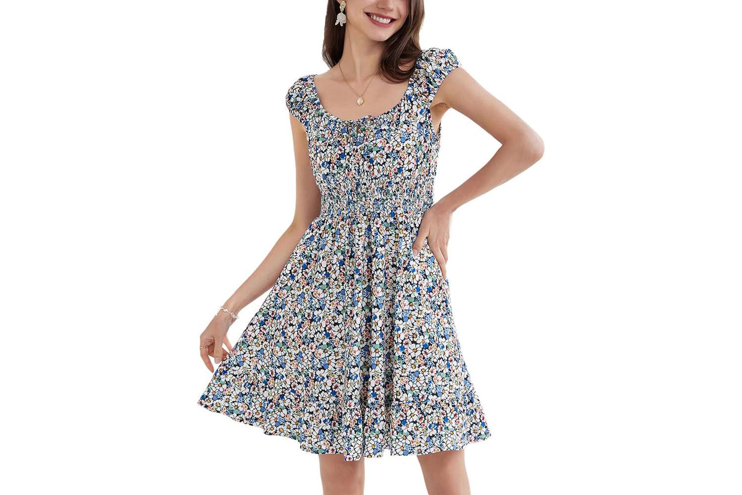 Amazon GRACE KARIN 2024 Women's Summer Floral Dress Cap Sleeve Smocked Flowy Short Dress Boho Flared Skater Mini Dresses