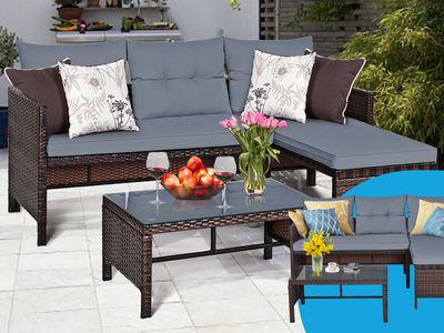 Collage of patio furniture outside on a patio next to patio furniture over a blue circular background