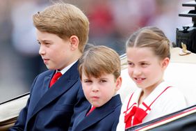 Prince George of Wales, Prince Louis of Wales and Princess Charlotte of Wales depart Buckingham Palace in a horse drawn carriage to attend Trooping the Colour on June 17, 2023 in London