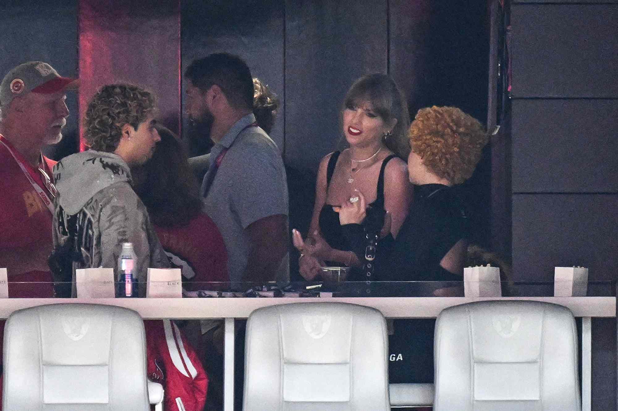 Taylor Swift and Ice Spice (right) attend Super Bowl LVIII between the San Francisco 49ers and the Kansas City Chiefs held at Allegiant Stadium in Las Vegas, Nevada on February 11, 2024