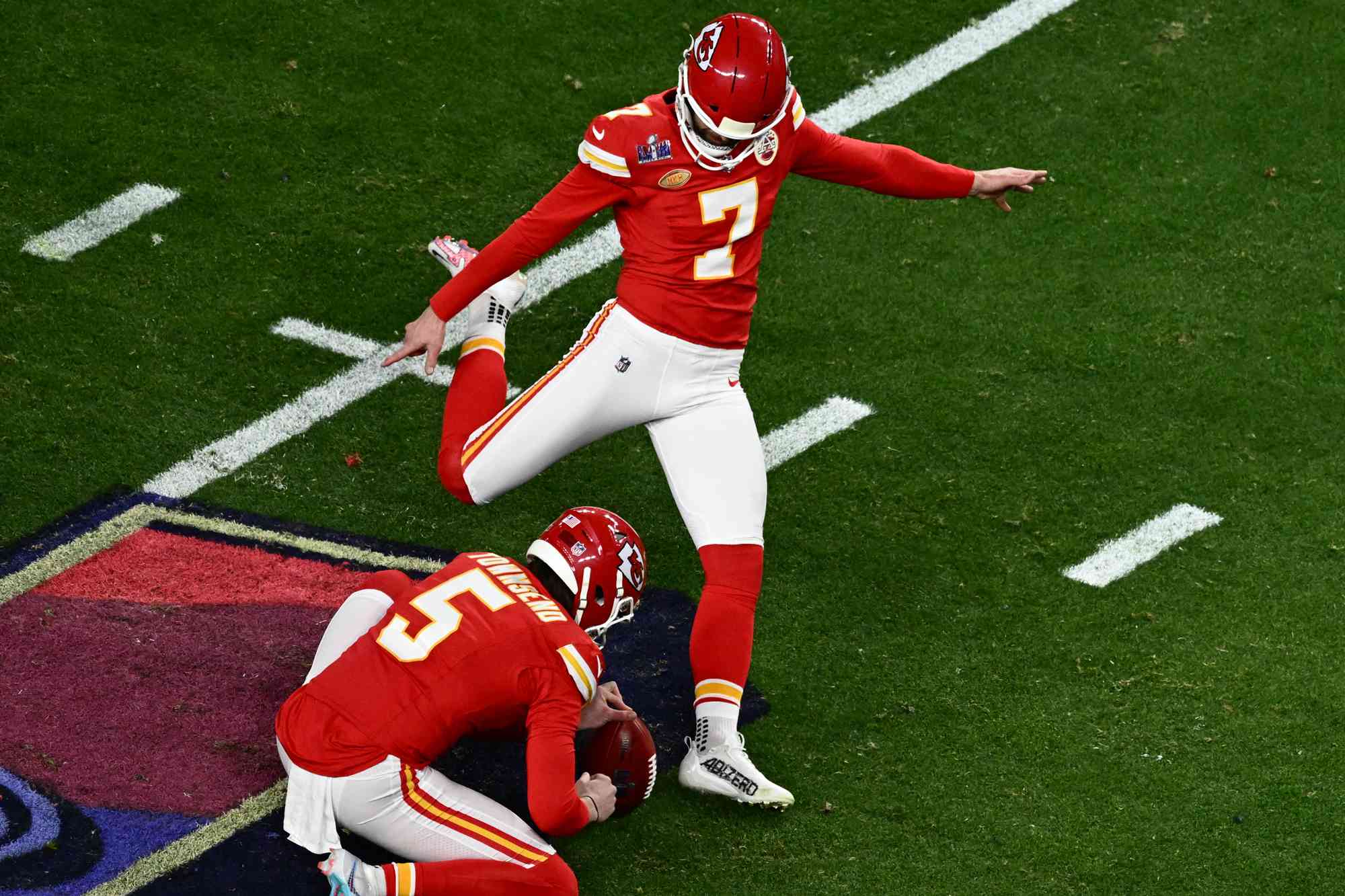  Harrison Butker kicks the ball during Super Bowl LVIII