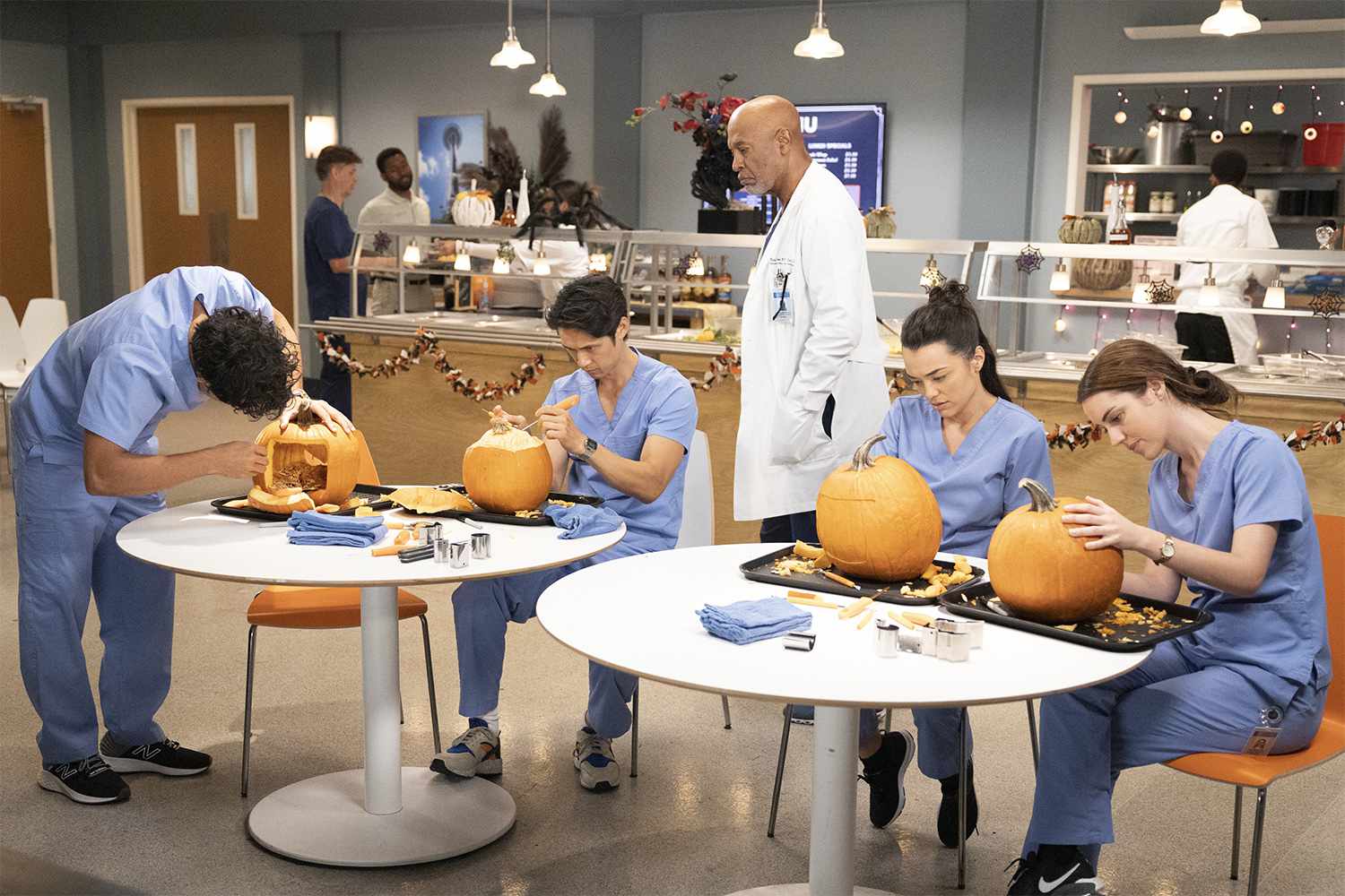 GREY’S ANATOMY - “Haunted” – It’s Halloween night at Grey Sloan Memorial. Meredith and Nick try to spend some alone time together; Levi is stressed due to overworking, and Winston and Owen have the interns practice trauma training on a real cadaver on a new episode of “Grey’s Anatomy,” THURSDAY, OCT. 27 (9:00-10:01 p.m. EDT), on ABC. (ABC/Liliane Lathan) HARRY SHUM JR., JAMES PICKENS JR., NIKO TERHO, ADELAIDE KANE