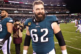 Jason Kelce #62 of the Philadelphia Eagles celebrates on the field after defeating the New York Giants