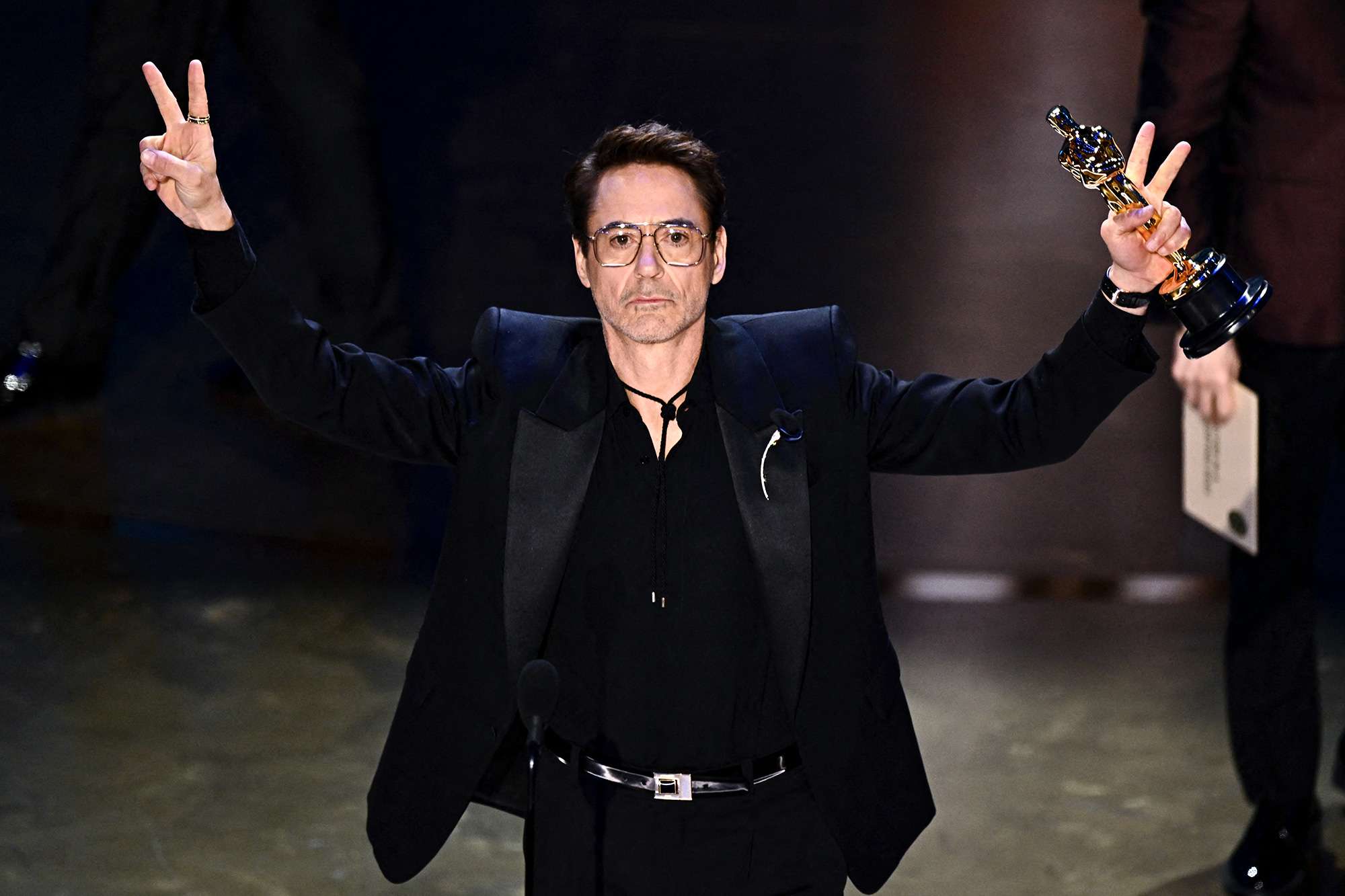 Robert Downey Jr. accepts the award for Best Actor in a Supporting Role for "Oppenheimer" onstage during the 96th Annual Academy Awards at the Dolby Theatre in Hollywood, California on March 10, 2024.