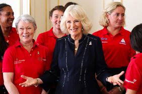 Britain's Queen Camilla reacts as she meets members of the Maiden Yachting Crew after becoming the first ever all-female crew to win an around-the-world yacht race, the Global Ocean Race, during a reception at Clarence House, on London, on April 29, 2024.