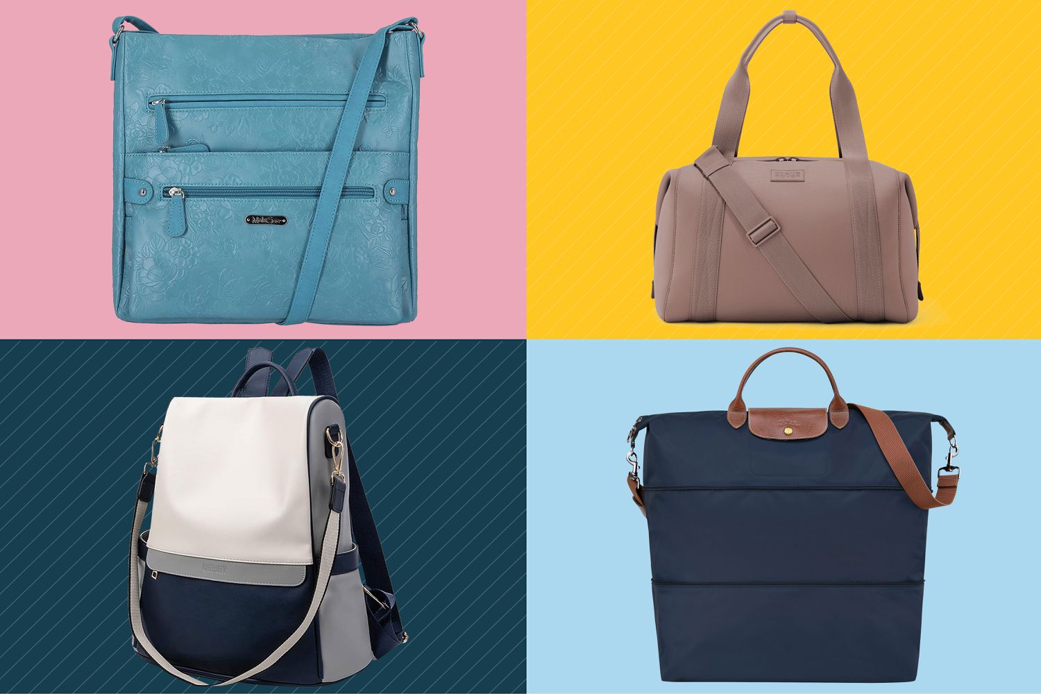 Collage of four travel purses we recommend, each on a different color background