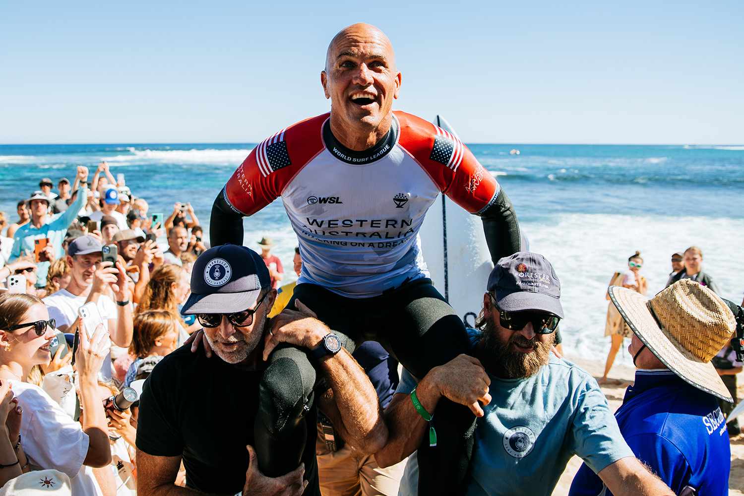 Eleven-time WSL Champion Kelly Slater of the United States after surfing in Heat 5 of the Round of 32 at the Western Australia Margaret River Pro