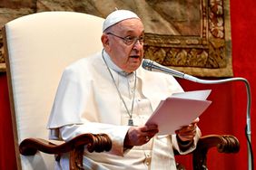 Pope Francis holds his speech during âState of the Worldâ address to members of the Diplomatic Corps accredited to the Holy See at the Apostolic Palace on January 08, 2024 in Vatican City, Vatican. I