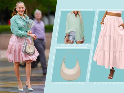 Sarah Jessica Parker on the left and a collage of a blouse, purse and skirt on the right over a blue background
