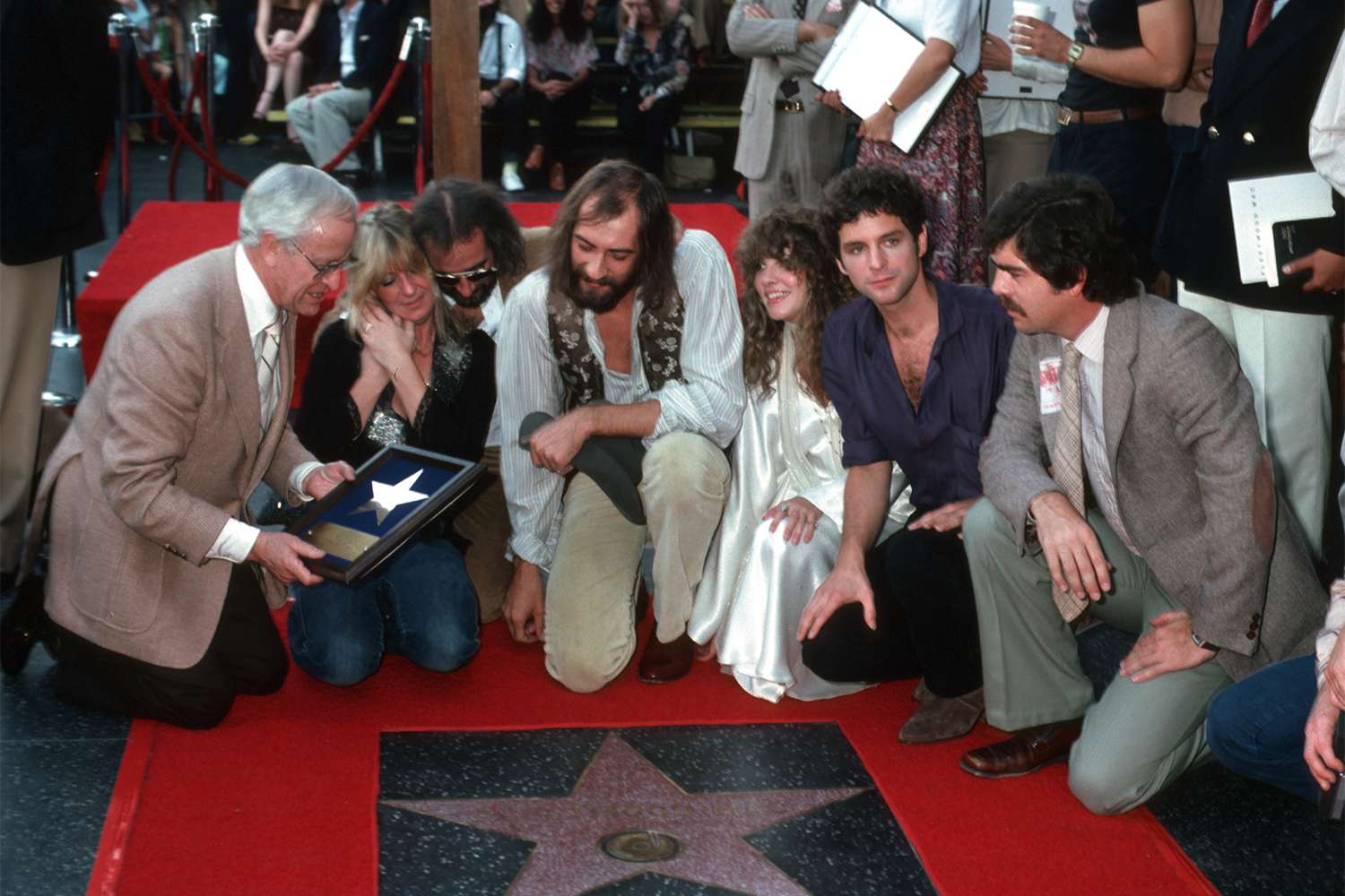 Christine McVie, John McVie, Mick Fleetwood, Stevie Nicks and Lindsay Buckingham of Fleetwood Mac receive their star on the Hollywood Walk of Fame on October 10, 1979 on Hollywood Boulevard in Hollywood, California.