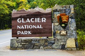 North America, USA, Montana, Glacier National Park, Entrance monument Sign. (Photo by: Bernard Friel/Education Images/Universal Images Group via Getty Images)