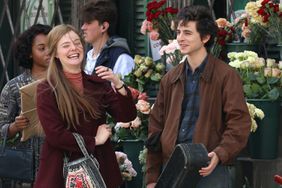 Elle Fanning and Timothee Chalamet are seen on the set of A Complete Unknown on April 09, 2024 in Paterson, New Jersey. 
