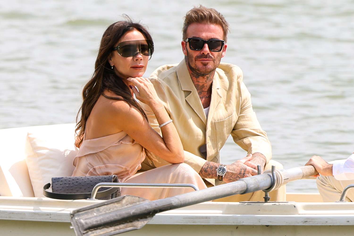 David Beckham and Victoria Beckham attend the "Le Chouchou" Jacquemus' Fashion Show at Chateau de Versailles on June 26, 2023 in Versailles, France