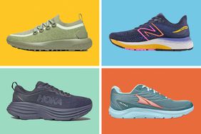 Collage of walking shoes we recommend on a colorful background