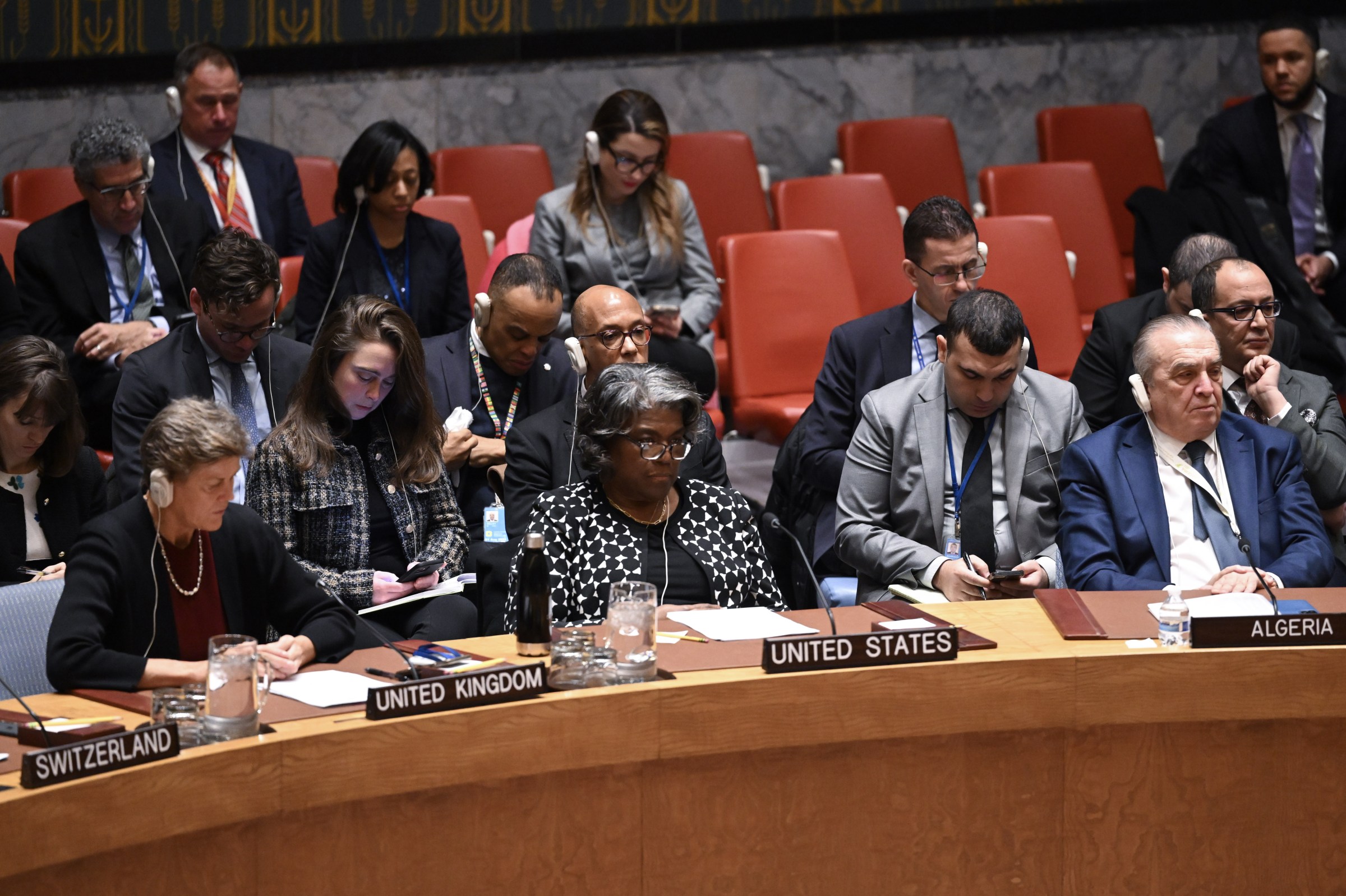 Permanent Representative of the US to the UN, Linda Thomas Greenfield, center, votes against and vetoes the latest attempt at the UN Security Council to demand an immediate humanitarian ceasefire in Gaza, in New York on February 20, 2024.