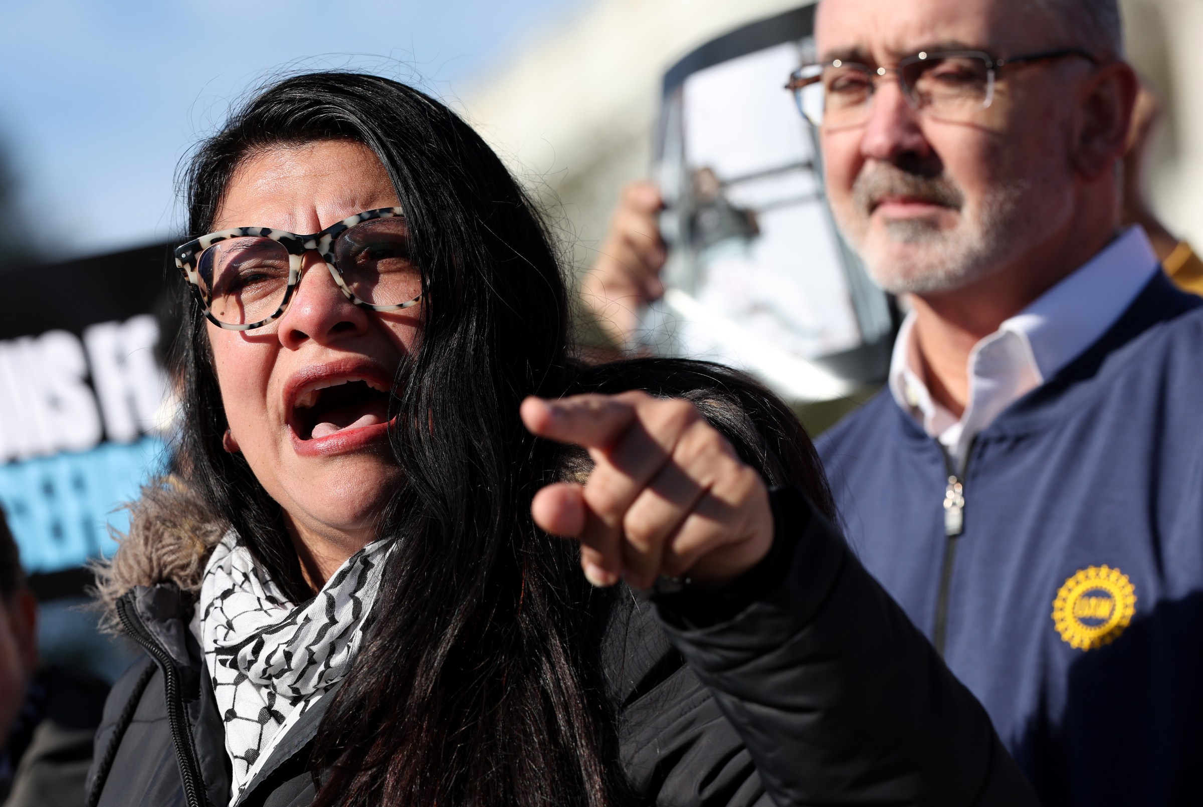 US Rep. Rashida Tlaib (D-MI) speaks alongside Shawn Fain, president of the United Automobile Workers, at a press conference calling for a ceasefire in the Middle East, outside of the US Capitol on December 14, 2023, in Washington, DC.